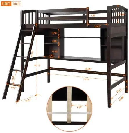 Vista 2 de Mera Cama tipo loft individual con escritorio, cama tipo loft de madera maciza con estantes (expreso)