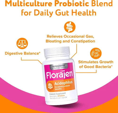Vista 2 de Florajen Probióticos Acidophilus, salud intestinal, salud vaginal y suplemento de apoyo inmunológico, alivio del estreñimiento y la hinchazón
