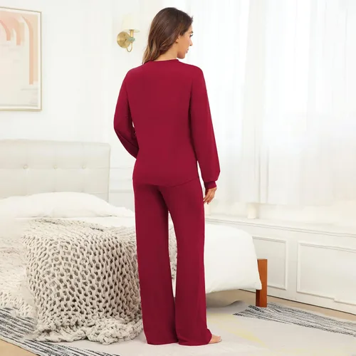 Vista 4 de ANGGREK Conjunto de pijama de manga larga para mujer, ropa de dormir suave, ropa de dormir con bolsillo