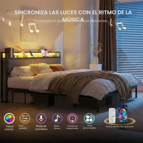 Vista 3 de LIKIMIO - Marco de cama tamaño King con cabecero, luces LED y estación de carga