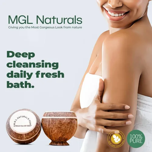 Vista 6 de MGL Naturals Jabón negro africano crudo en olla de coco Premium y orgánico Limpieza profunda facial y corporal. Para acné, eccema y manchas