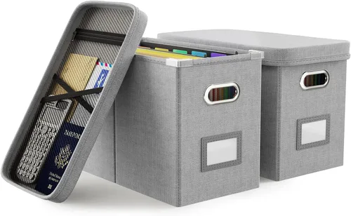 Vista 12 de Oterri Caja organizadora de archivos con tapa, caja de archivos colgante con bolsillo de malla, caja organizadora de documentos para archivos