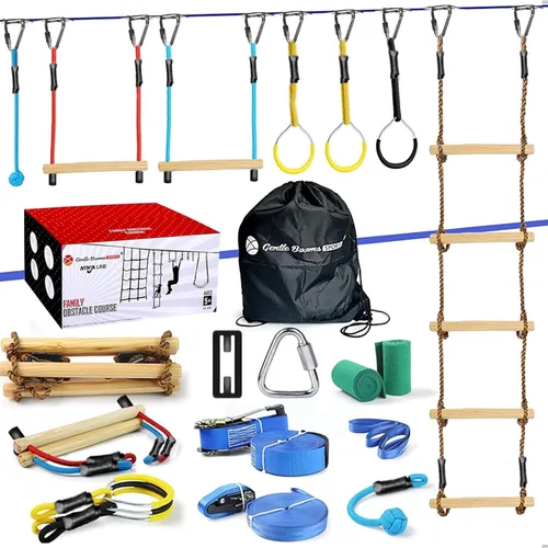 Vista 10 de Ninja Warrior - Carrera de obstáculos para patio trasero de niños, kit de línea floja de 65 pies con 13 obstáculos, hebillas de instalación rápida