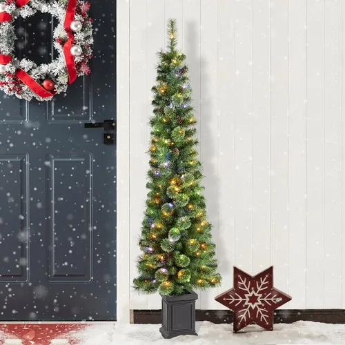Vista 37 de Glitzhome - Árbol de Navidad artificial delgado preiluminado de 2.4 m, con ramas de pino Aspen Frostfall, soporte plegable de metal, 500 luces Aspen