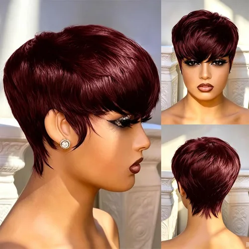 Vista 14 de YJOQOKOA Peluca corta de cabello humano estilo Bob para mujeres negras, pelucas de cabello humano con corte Pixie, sin pegamento, sin encaje X312 1B#