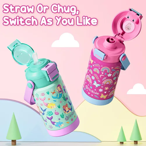 Vista 6 de Botella de agua aislada para niños con pop-open pajita y pico 2-en-1, botella de agua aislada de 14 onzas para niños, botella de acero inoxidable