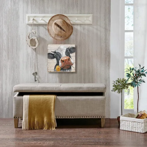 Vista 6 de Cuadros rústicos de vaca para decoración de pared: lienzo de vaca de granja, arte de pared, vaca de granja con girasol en panel de madera, póster