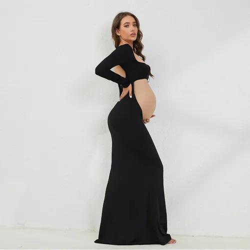 Vista 2 de AIFOTO Vestido de maternidad sexy expuesto vientre de manga larga sin espalda cuello cuadrado recortado vestidos de fotografía vestidos de sesión