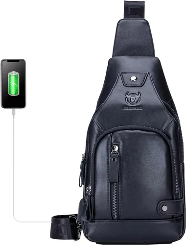 Vista 8 de LUKZIJAES Bolso bandolera de cuero genuino para hombre, bandolera para el hombro, mochila para senderismo, casual, mochila de viaje al aire libre