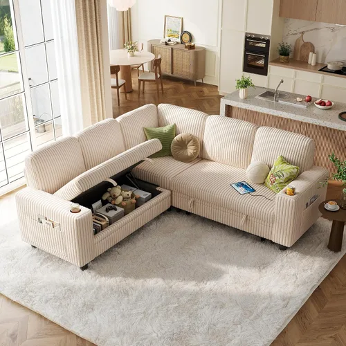 Vista 11 de LINSY HOME Sofá cama seccional con sofá cama extraíble para sala de estar (azul) Plush Corduroy