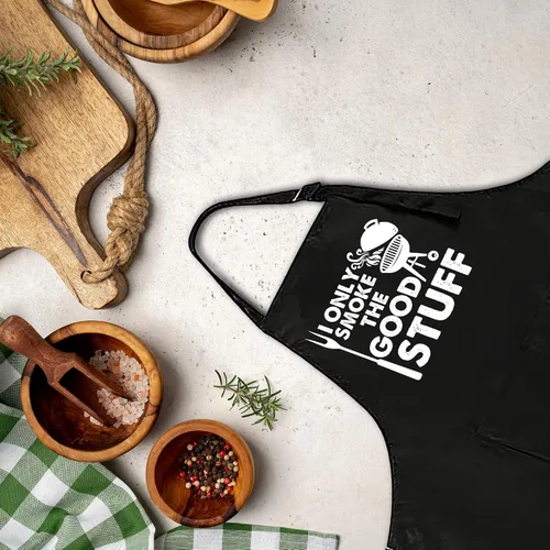 Vista 4 de Delantal divertido para hombres – I Only Smoke The Good Stuff – Delantal de cocina humorístico con 2 bolsillos y correa ajustable para el cuello