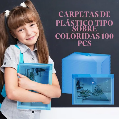 Vista 2 de Zhehao 100 sobres transparentes con cierre de botón a presión tamaño carta A4, carpeta de sobres de plástico de polietileno para documentos y Azul