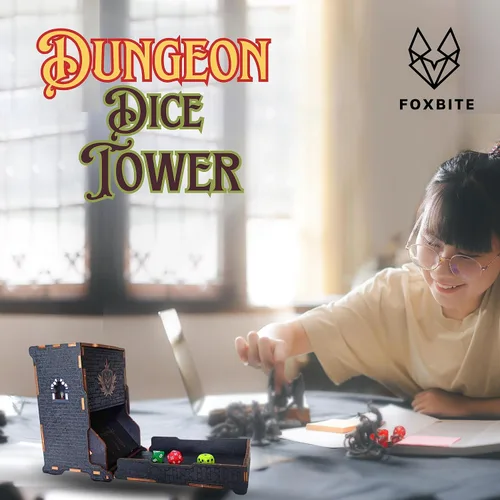 Vista 4 de FOXBITE Torre de dados para Dungeons and Dragons Tower con bandeja de madera grabada con láser DND portátil y plegable, rodillo de dados perfecto