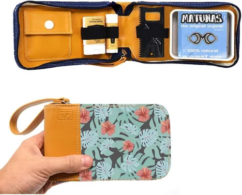Vista 6 de Regalo de surfista y accesorio de surf con elegante bolsa de lona con cremallera, soporte para cera de surf, bucles elásticos para protector solar
