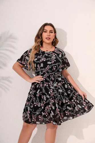 Vista 3 de HBEYYTO Vestido de playa bohemio con estampado floral para mujer, talla grande, casual, manga con volantes, cintura elástica, vestido de gasa