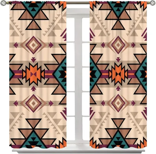Vista 419 de Cortinas con patrón geométrico tribal, estilo suroeste, azteca, rústico, occidental, nativo americano, opacas, con bolsillo para barra, decoración