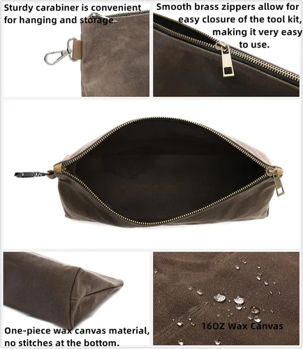 Vista 3 de Bolsa de herramientas de lona encerada, bolsa de herramientas resistente con cremallera suave y bolsa multiusos con mosquetón