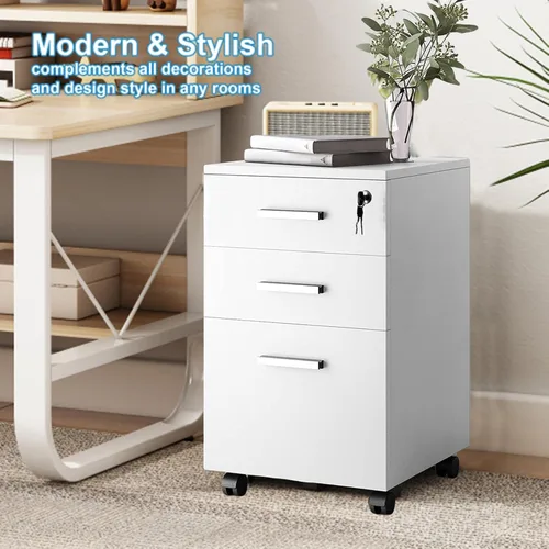 Vista 3 de Archivador móvil con 1 cajón con cerradura, polea de 360 grados, amplio diseño de elevación de escritorio, archivador de madera, archivador rodante