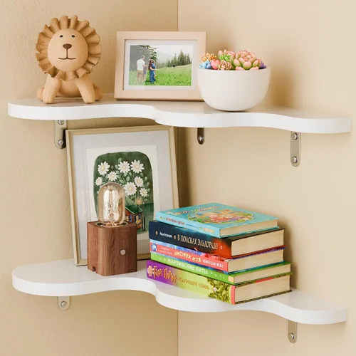 Vista 8 de Cute Cloud Corner Shelves - Set of 2 Brown Wooden Floating Corner Shelves Wall Mounted, 90-Degree Space-Saving Nursery Shelves with Brackets, Kids