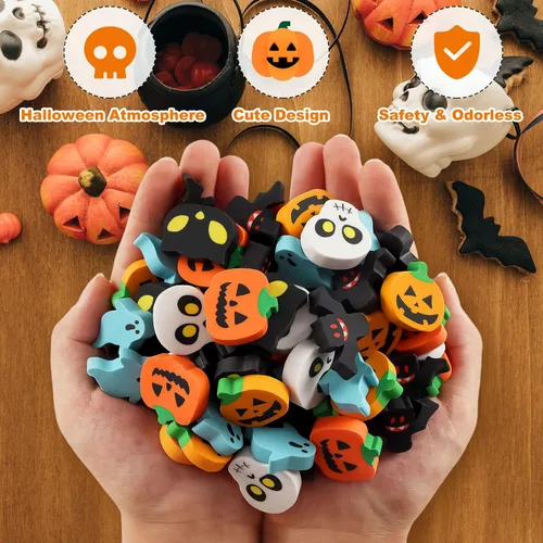 Vista 5 de AIQINHU Borradores de Halloween para niños a granel, 50 piezas grandes de Halloween, calabaza, fantasma, cráneo, murciélago, borradores para truco