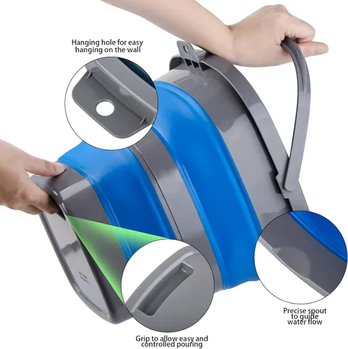 Vista 3 de Paquete de 2 cubos de plástico plegables con 1.32 galones (5L) cada uno, tina rectangular plegable para limpieza del hogar, recipiente de agua al