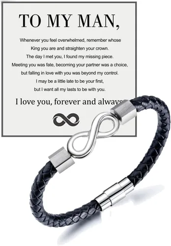 Vista 7 de LIU JUN Pulsera con texto en inglés «To My Man» para hombre, infinito de cuero trenzado para marido, regalos inspiradores de esposa "I Love You