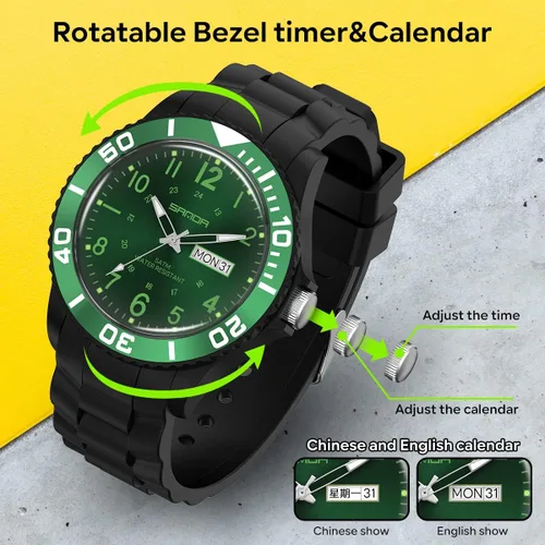 Vista 4 de Relojes para hombre, color verde, impermeable, con fecha, analógico, de cuarzo, con bisel de movilidad, bisel de movilidad, 50M, impermeable, a