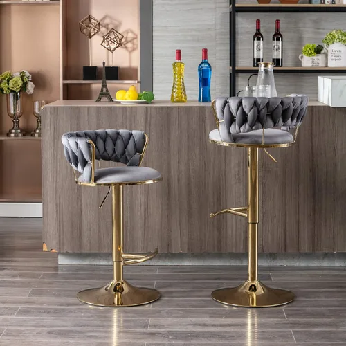 Vista 12 de Juego de 2 taburetes de bar tejidos de terciopelo, taburetes de cocina de altura ajustable, silla de isla, sillas de bar giratorias de 360°, chasis