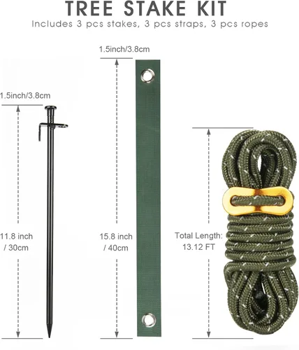 Vista 6 de Kit de estacas de árbol resistente, estacas de acero de 11.8 pulgadas y soportes para árbol joven, antiviento fuerte, kit de enderezamiento