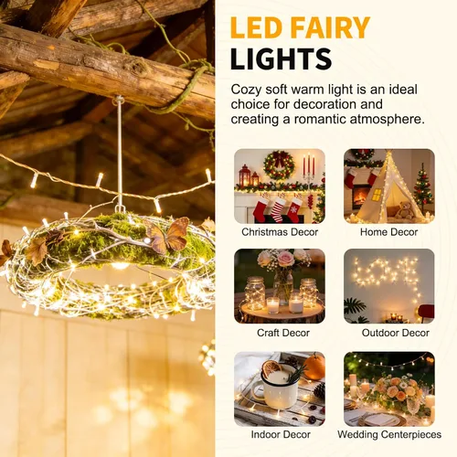 Vista 7 de Cadena de luces de Navidad de 100 LED, 33 pies, 8 modos, con función de memoria, enchufable, luz de cadena blanca para árbol de Navidad, corona