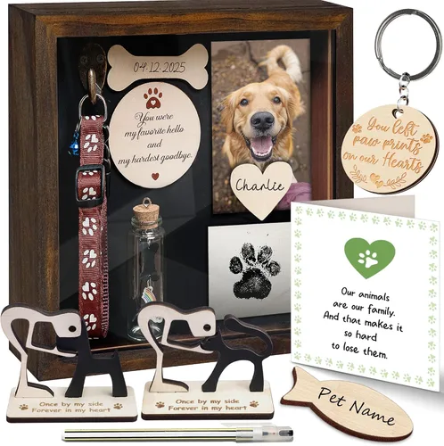 Vista 11 de vinatimes Caja de sombra de regalo conmemorativo para mascotas de 8.6 pulgadas, soporte para collar negro, marco de fotos, kit de tinta de pata