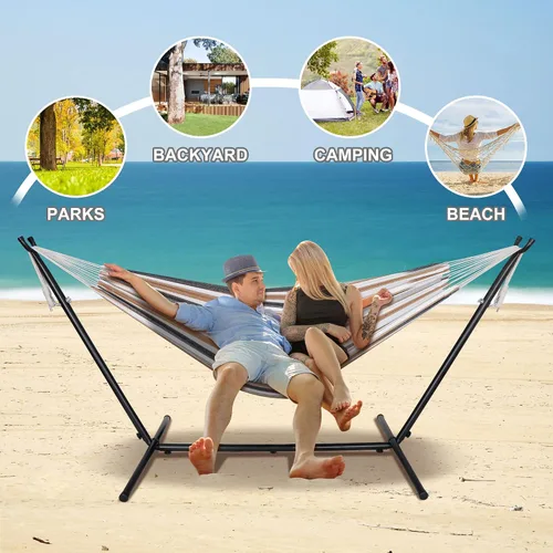 Vista 9 de SUPER DEAL Hamaca portátil para 2 personas con soporte de hamaca de 9 pies, capacidad de 620 libras, cama de hamaca ajustable con funda
