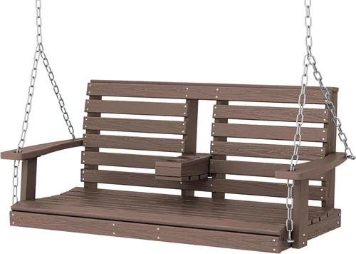 Vista 12 de KINGYES Columpio colgante para porche al aire libre, silla de patio de 2 asientos con portavasos, banco impermeable para patio y jardín, capacidad