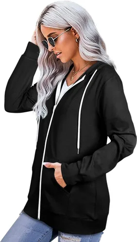 Vista 2 de Saloogoe Sudaderas ligeras con capucha y cremallera para mujer, sudaderas de manga larga, chaqueta delgada