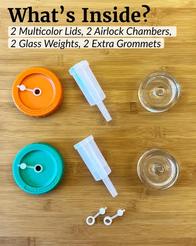 Vista 6 de Elementi Kit de fermentación – Juego de 2 pesos de fermentación de vidrio y tapas de fermentación de tarros Mason para tarros Mason de boca ancha