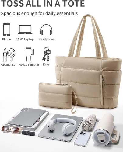 Vista 7 de Bolsa Tote Acolchada para Mujeres, Bolsa de Mano de Trabajo Ligera y Esponjosa para Maestras y Enfermeras, Bolsa de Hombro Acolchada para Escuela