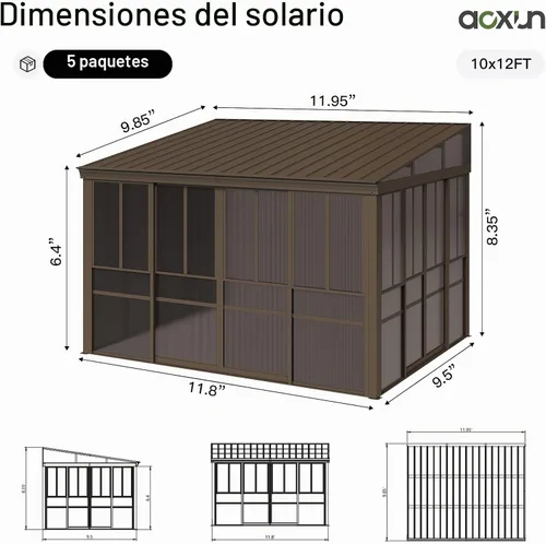 Vista 8 de Aoxun Solárium montado en la pared de 10 x 12 pies, solárium de aluminio cerrado inclinado a cenador con techo inclinado de acero galvanizado