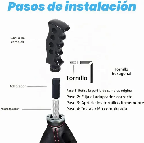 Vista 5 de Pomo de palanca de cambios para automóvil, agarre de transmisión manual y automática con mango tipo cuchillo con tornillos adaptadores y llave Negro