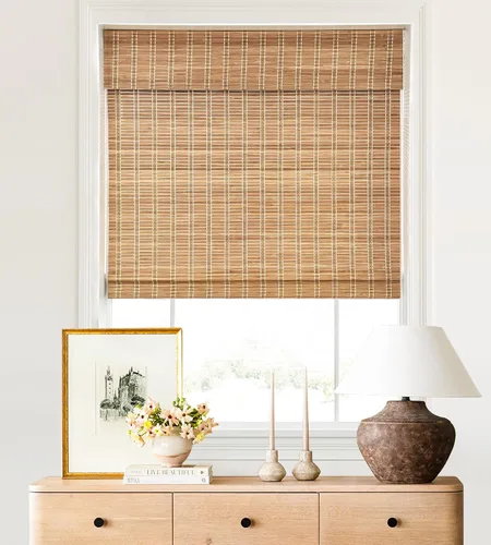 Vista 22 de LazBlinds - Cortinas romanas de bambú personalizadas sin cordón, tratamiento de ventana con filtro de luz, persianas enrollables de bambú retro