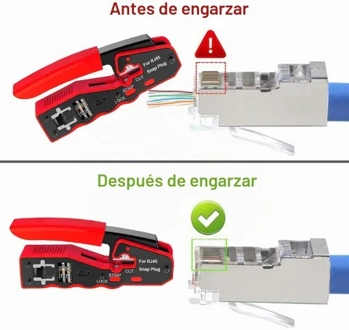 Vista 3 de LEATBUY - Herramienta de crimpado CAT5 CAT6, kit de herramienta de crimpado RJ45, 50 conectores LAN Ethernet de paso RJ45, 50 cubiertas, probador