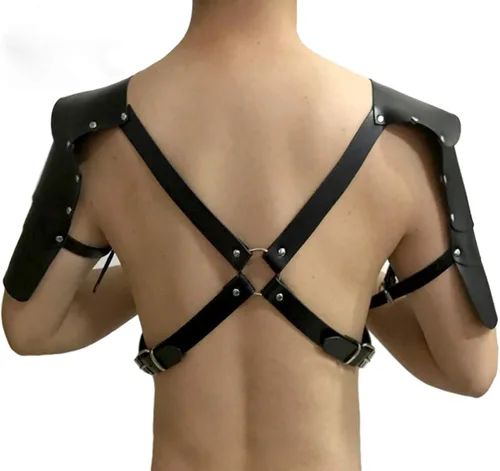 Vista 2 de Mens Faux Leather Body Chest Harness Adjustable Shoulder Armors Buckles