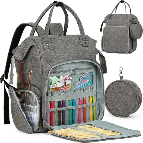 Vista 9 de Coopay Bolsa de ganchillo y tejer, organizador de viaje para manualidades, ganchos, agujas, madejas, pintura de diamantes, suministros (verde bosque)