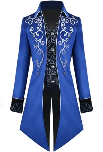 Vista 10 de Chaqueta larga estilo steampunk gótico medieval vintage para hombre, estilo victoriano, con botones, abrigo de golondrina, uniforme Azul
