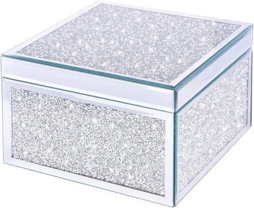 Vista 2 de MOMNGNE Joyero de cristal triturado de plata con diamantes de imitación de cristal, organizador de almacenamiento para anillos, aretes, collares
