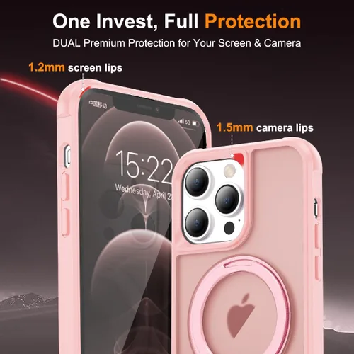 Vista 7 de Funda para iPhone 12/12 Pro con soporte de anillo magnético giratorio de 360°, compatible con Mag-Safe, ligera y translúcida, mate, a prueba
