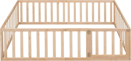 Vista 7 de Cama de plataforma de tamaño matrimonial con valla, marco de cama de piso de madera maciza con puerta, marco de sofá cama de tamaño matrimonial