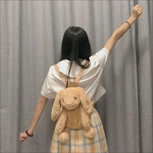 Vista 5 de Kmiunty Linda mochila de peluche con diseño de conejo, con correas ajustables para niñas, Caqui, Viajar