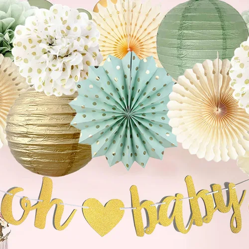 Vista 7 de Decoraciones de baby shower verde salvia Oh Baby Banner de papel de seda, pompones de flores, abanicos de papel, guirnalda de puntos circulares