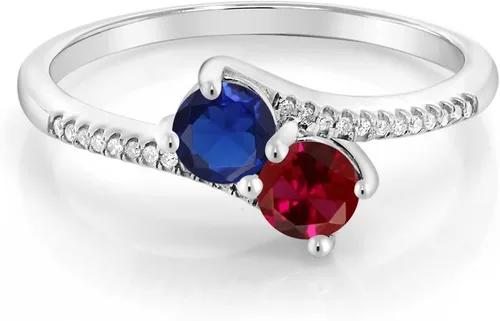 Vista 2 de Gem Stone King 10K White Gold Forever United 2 Stone Blue Created Sapphire and Red Created Ruby and Diamond Engagement Ring For Women