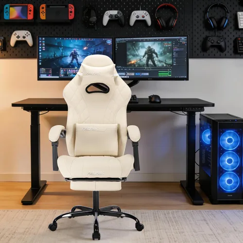 Vista 2 de Silla de juegos con reposapiés y soporte lumbar de masaje, silla ergonómica para videojuegos, sillas de videojuegos de oficina con altura y respaldo